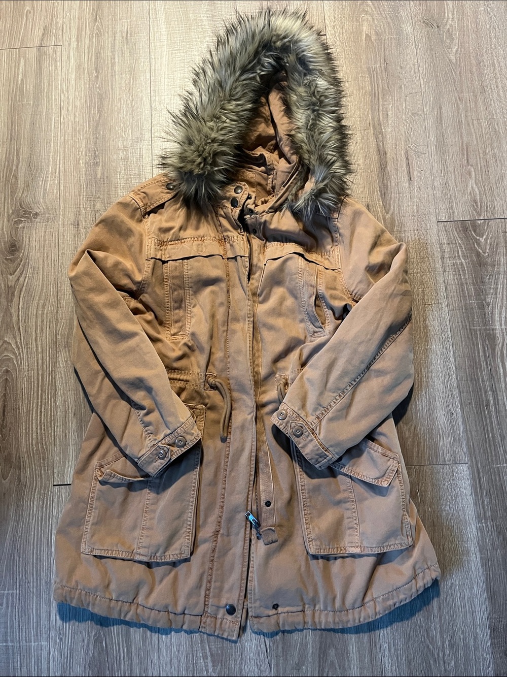 American Eagle Outfitters Tan Hooded Parka with Faux Fur Trim